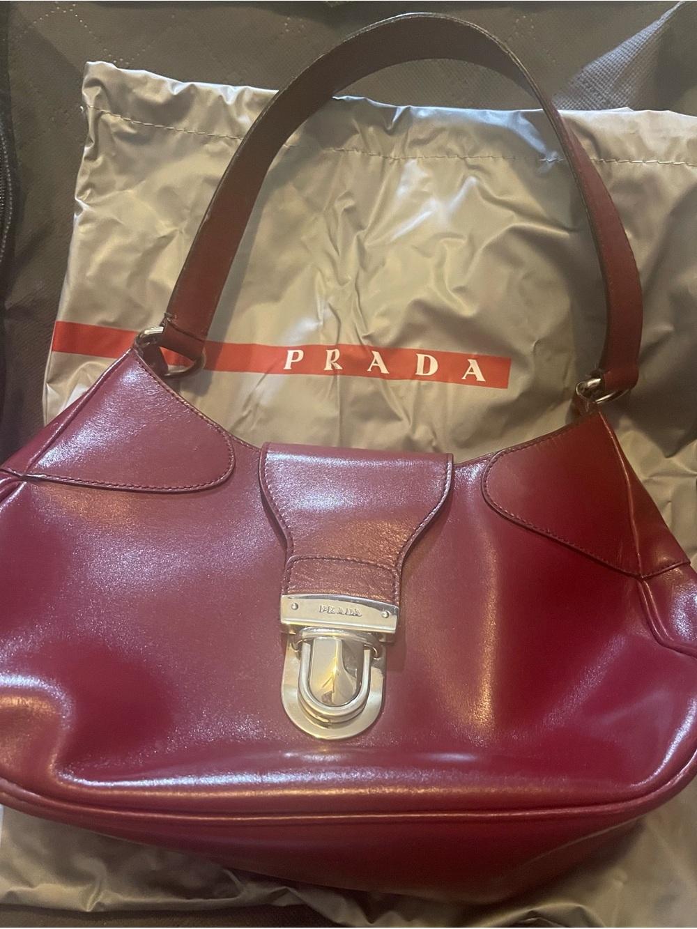 Prada Wine Red/Burgendy Leather Shoulder Bag with Silver-Tone Hardware